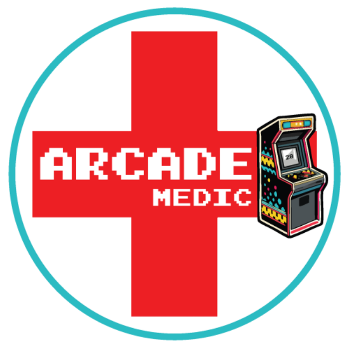 Logo for Arcade Medic featuring a red cross and a vintage arcade machine, symbolizing retro gaming repairs and services.